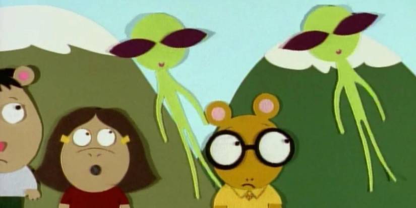 Arthur getting abducted by aliens in the style of South Park.