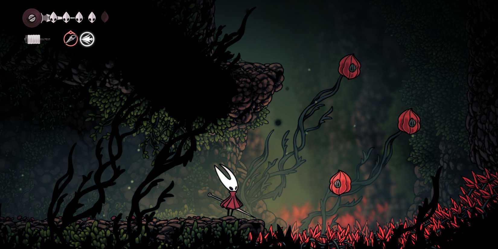 Hornet looking at a series of shriveled fruits in the Hunter's March area of Hollow Knight Silksong.